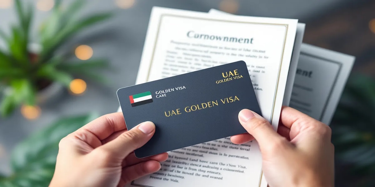 Family holding UAE passports against Dubai skyline backdrop.